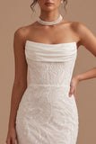 Sparkly White Floral Mermaid Strapless Ruched Sequins Sweep Train Wedding Dress