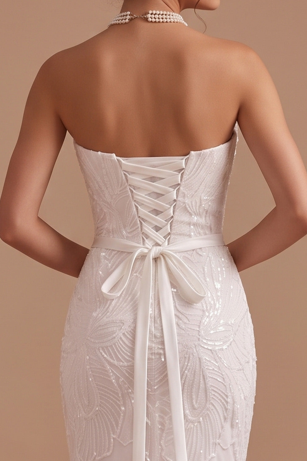 Sparkly White Floral Mermaid Strapless Ruched Sequins Sweep Train Wedding Dress