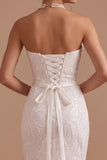 Sparkly White Floral Mermaid Strapless Ruched Sequins Sweep Train Wedding Dress