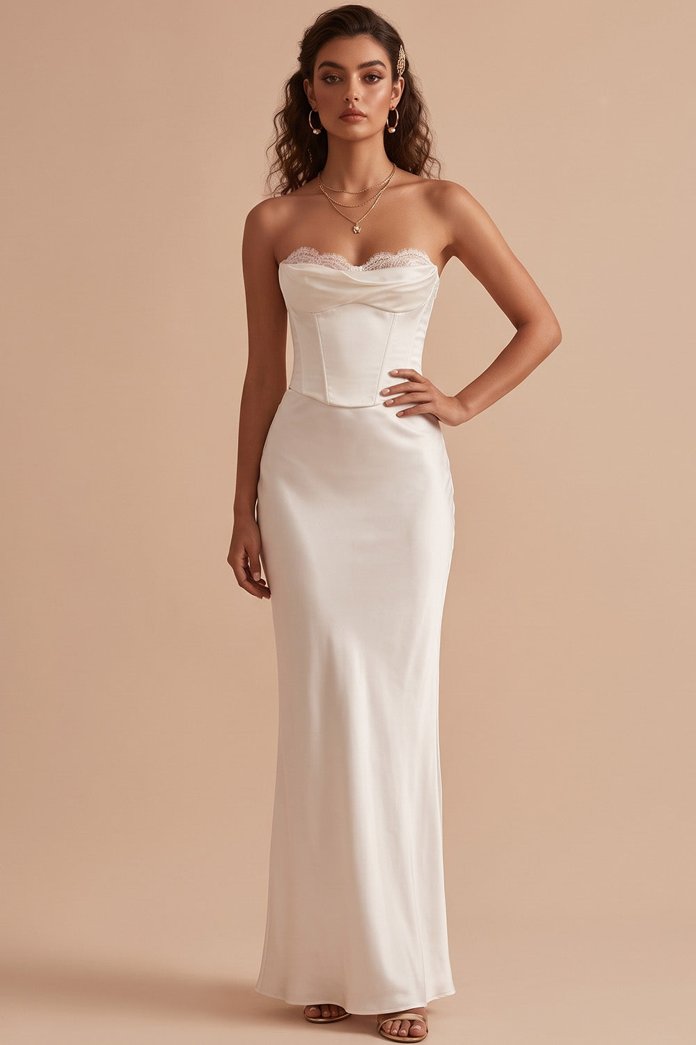 Sheath Strapless White Satin Corset Floor-Length Wedding Dress with Lace
