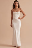 Sheath Strapless White Satin Corset Floor-Length Wedding Dress with Lace