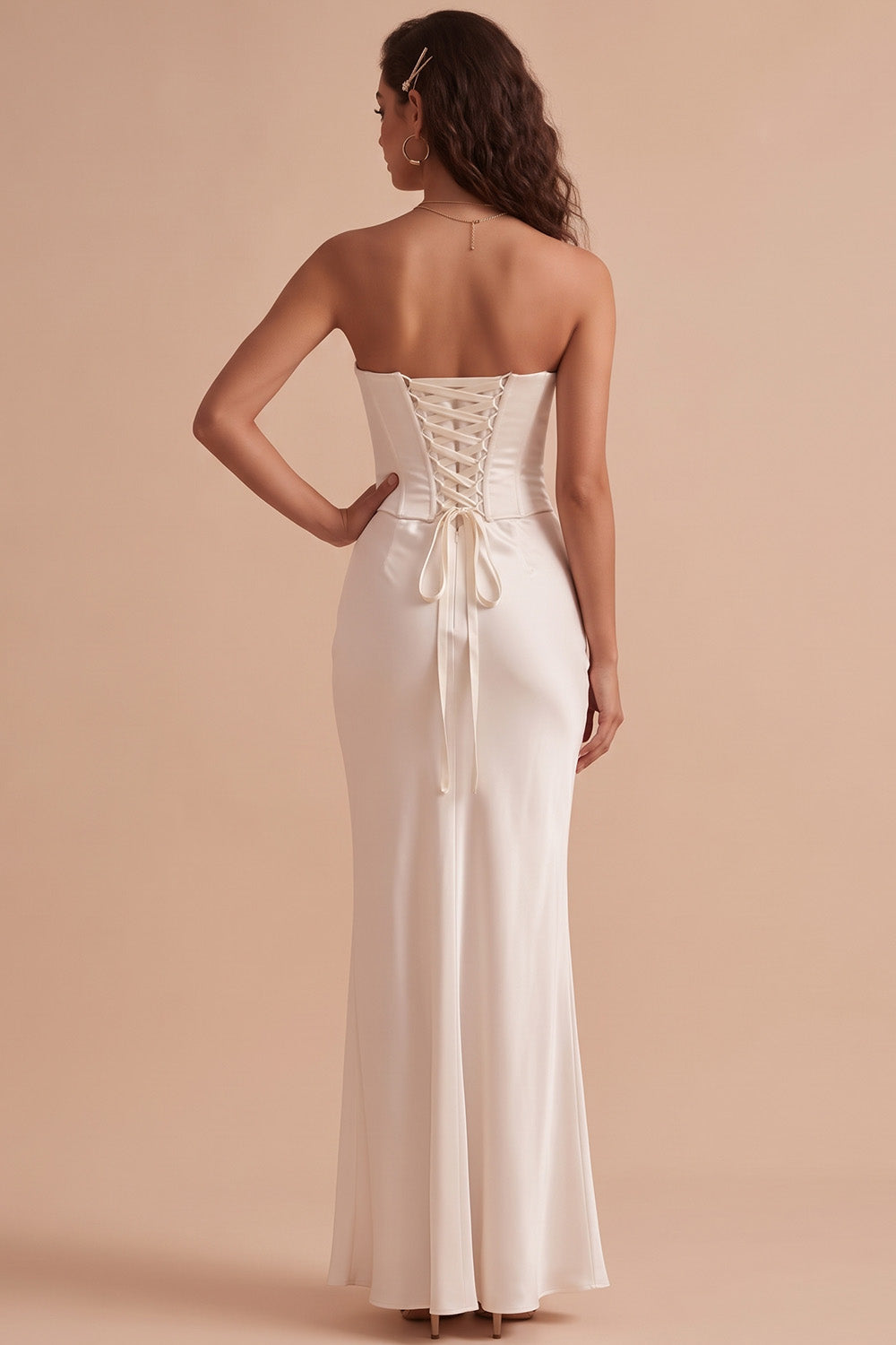 Sheath Strapless White Satin Corset Floor-Length Wedding Dress with Lace