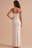 Sheath Strapless White Satin Corset Floor-Length Wedding Dress with Lace