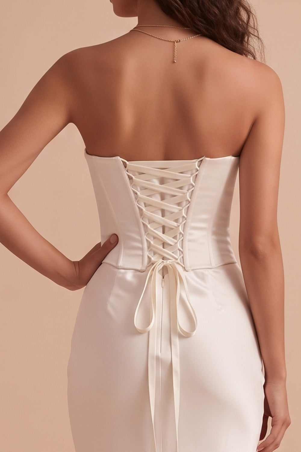 Sheath Strapless White Satin Corset Floor-Length Wedding Dress with Lace