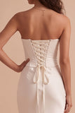 Sheath Strapless White Satin Corset Floor-Length Wedding Dress with Lace