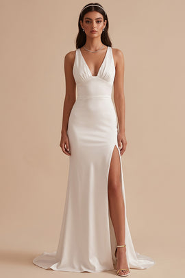Simple White Satin V-Neck Ruched Sweep Train Wedding Dress with Slit