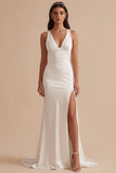 Simple White Satin V-Neck Ruched Sweep Train Wedding Dress with Slit