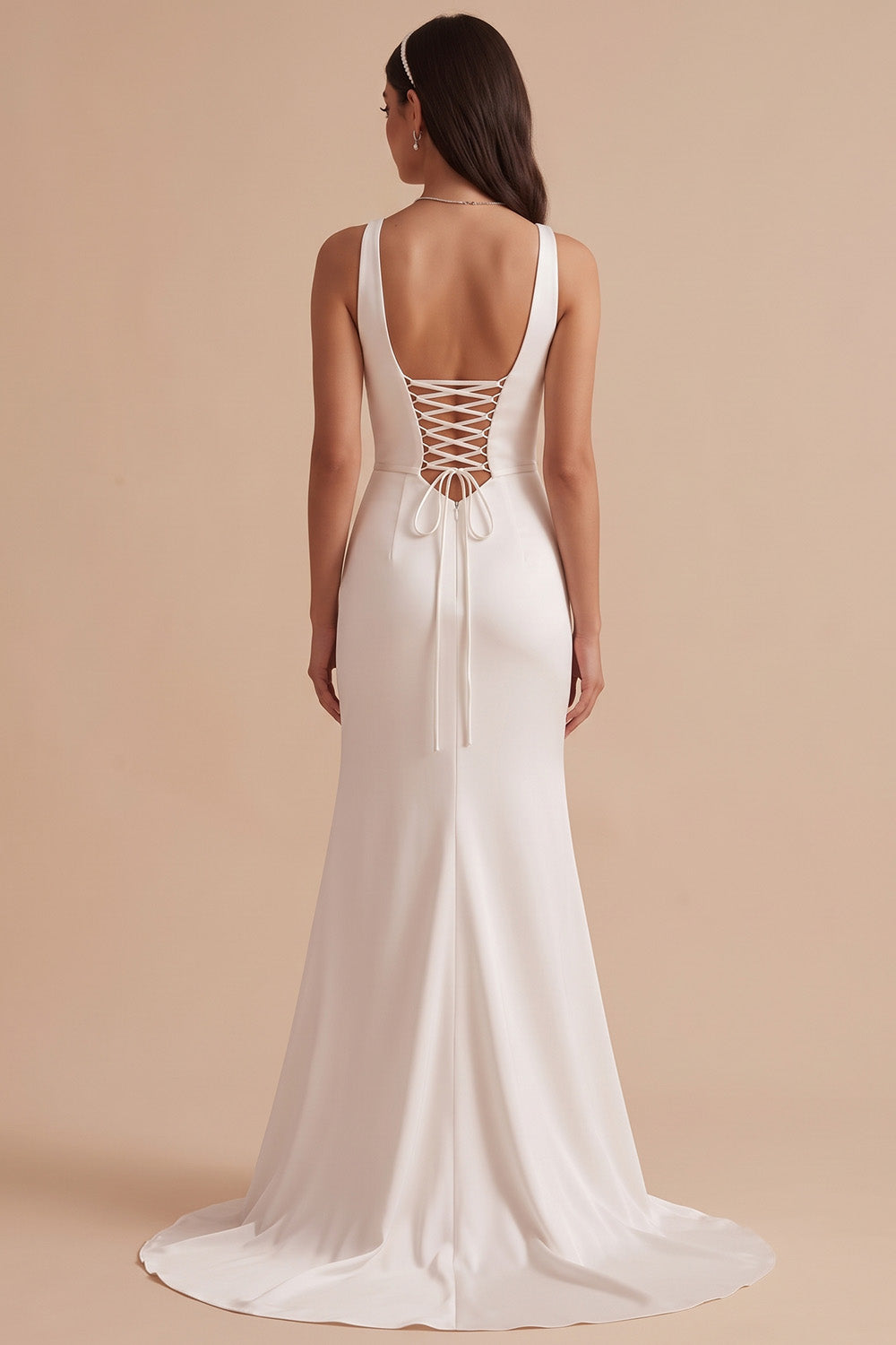 Simple White Satin V-Neck Ruched Sweep Train Wedding Dress with Slit