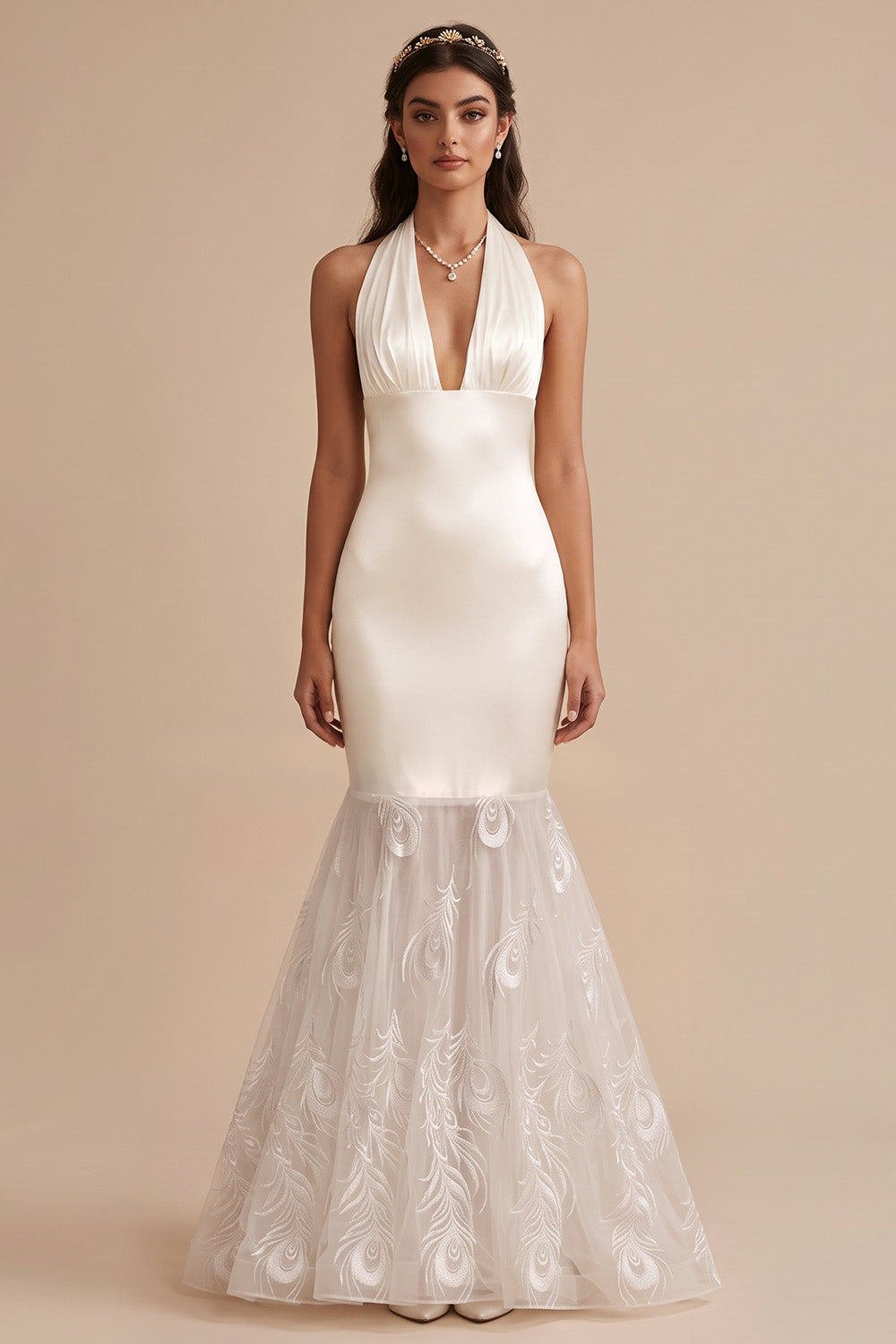 Mermaid Halter White Satin Sweep Train Wedding Dress with Embroidery