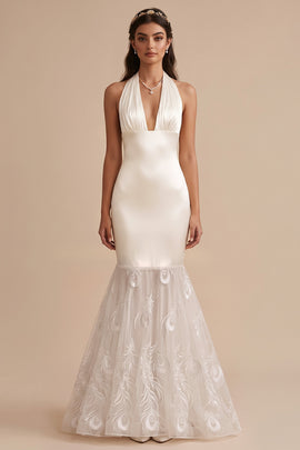 Mermaid Halter White Satin Sweep Train Wedding Dress with Embroidery