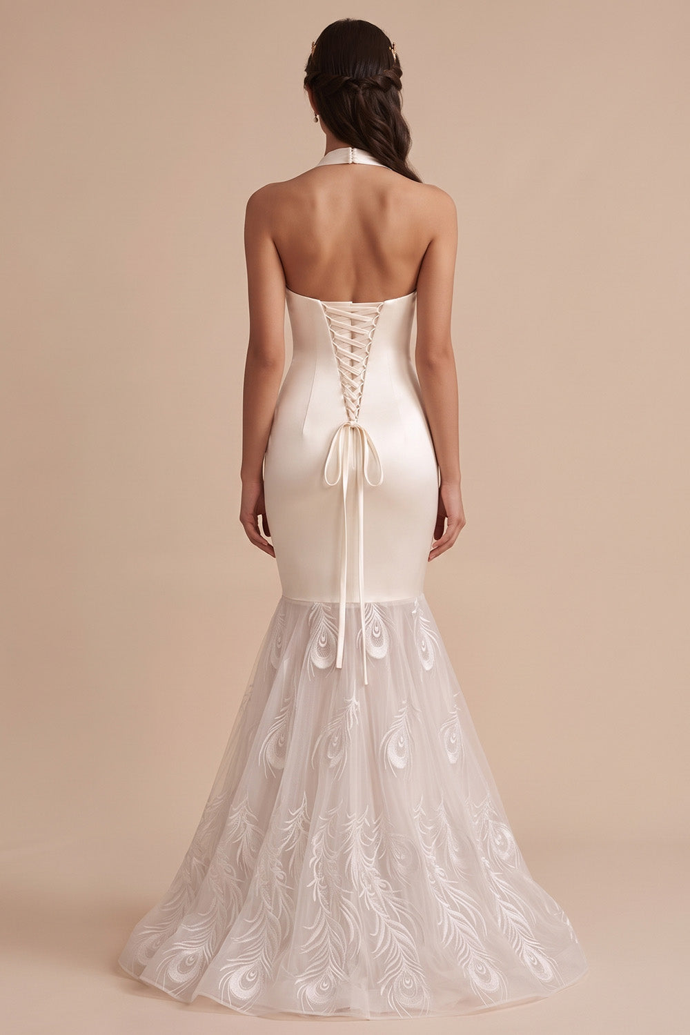Mermaid Halter White Satin Sweep Train Wedding Dress with Embroidery