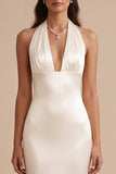 Mermaid Halter White Satin Sweep Train Wedding Dress with Embroidery