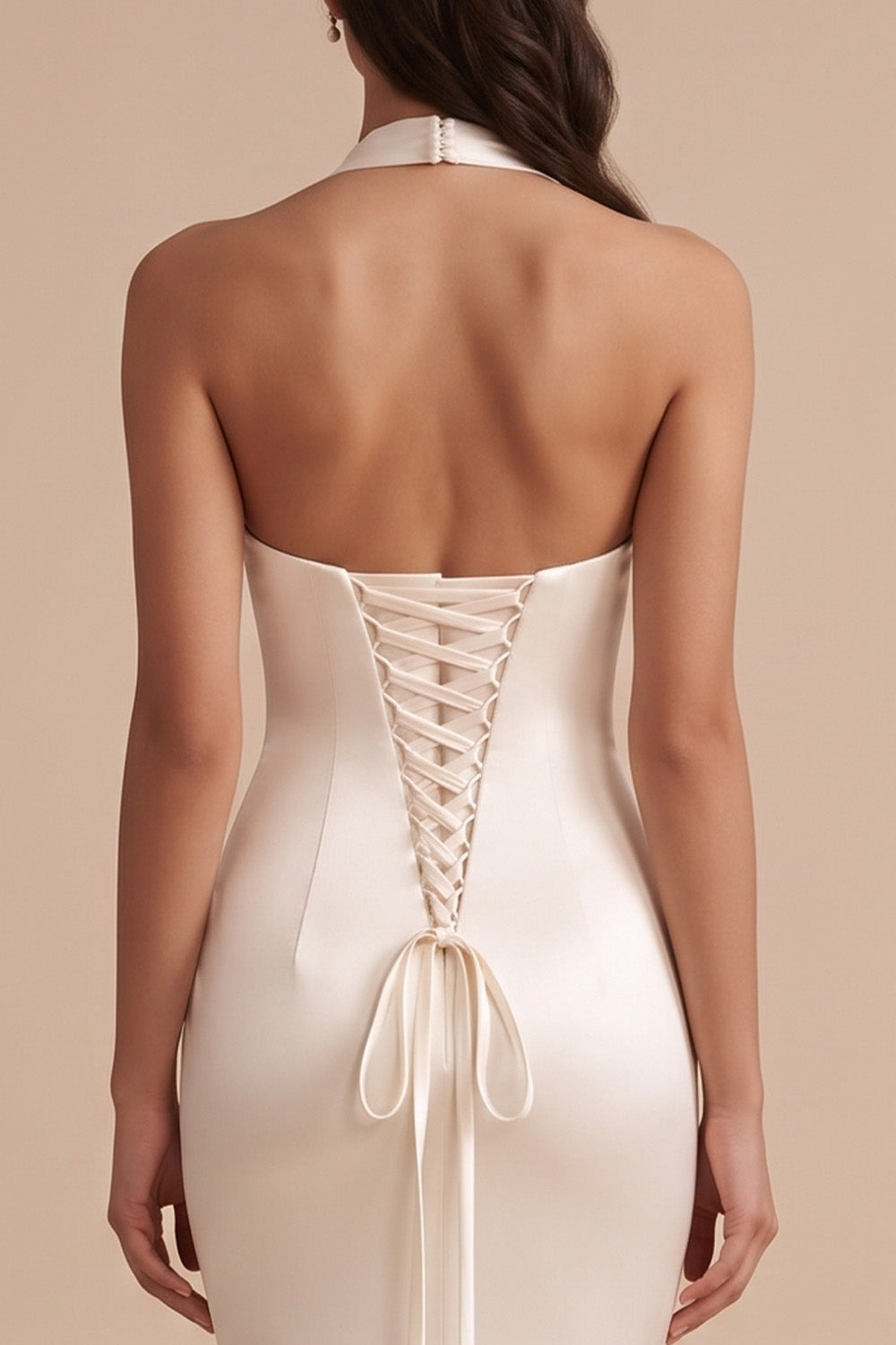 Mermaid Halter White Satin Sweep Train Wedding Dress with Embroidery