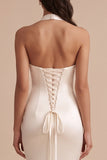 Mermaid Halter White Satin Sweep Train Wedding Dress with Embroidery