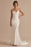 Simple White Satin Mermaid Cowl Neck Sweep Train Wedding Dress