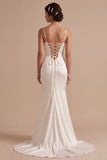 Simple White Satin Mermaid Cowl Neck Sweep Train Wedding Dress
