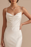 Simple White Satin Mermaid Cowl Neck Sweep Train Wedding Dress
