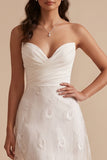 White Corset Sweetheart Ruched Sweep Train Wedding Dress with Embroidery