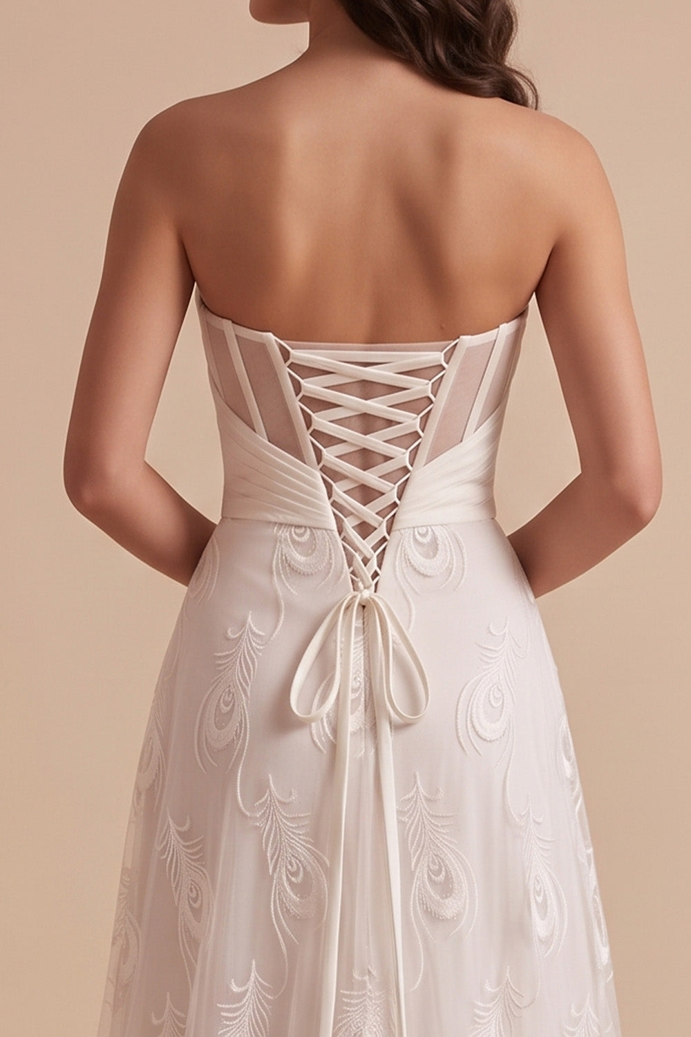 White Corset Sweetheart Ruched Sweep Train Wedding Dress with Embroidery