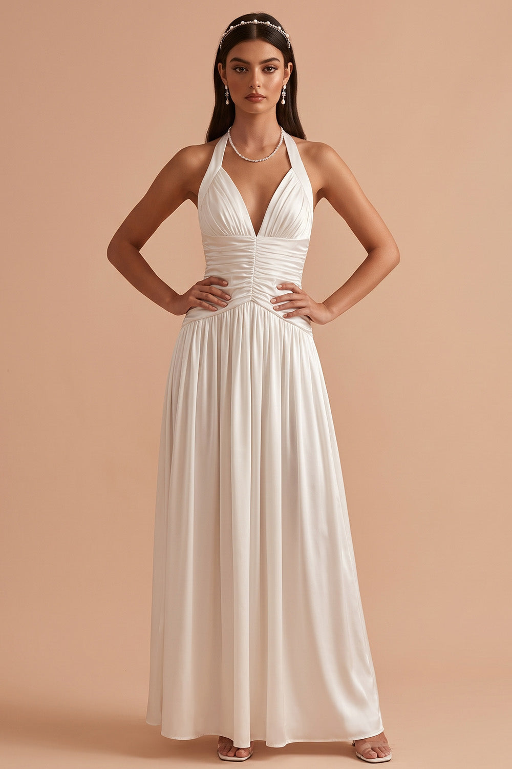 A-Line Halter White Pleated Floor-Length Wedding Dress