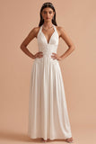 A-Line Halter White Pleated Floor-Length Wedding Dress