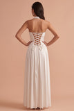 A-Line Halter White Pleated Floor-Length Wedding Dress