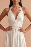 A-Line Halter White Pleated Floor-Length Wedding Dress