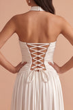 A-Line Halter White Pleated Floor-Length Wedding Dress