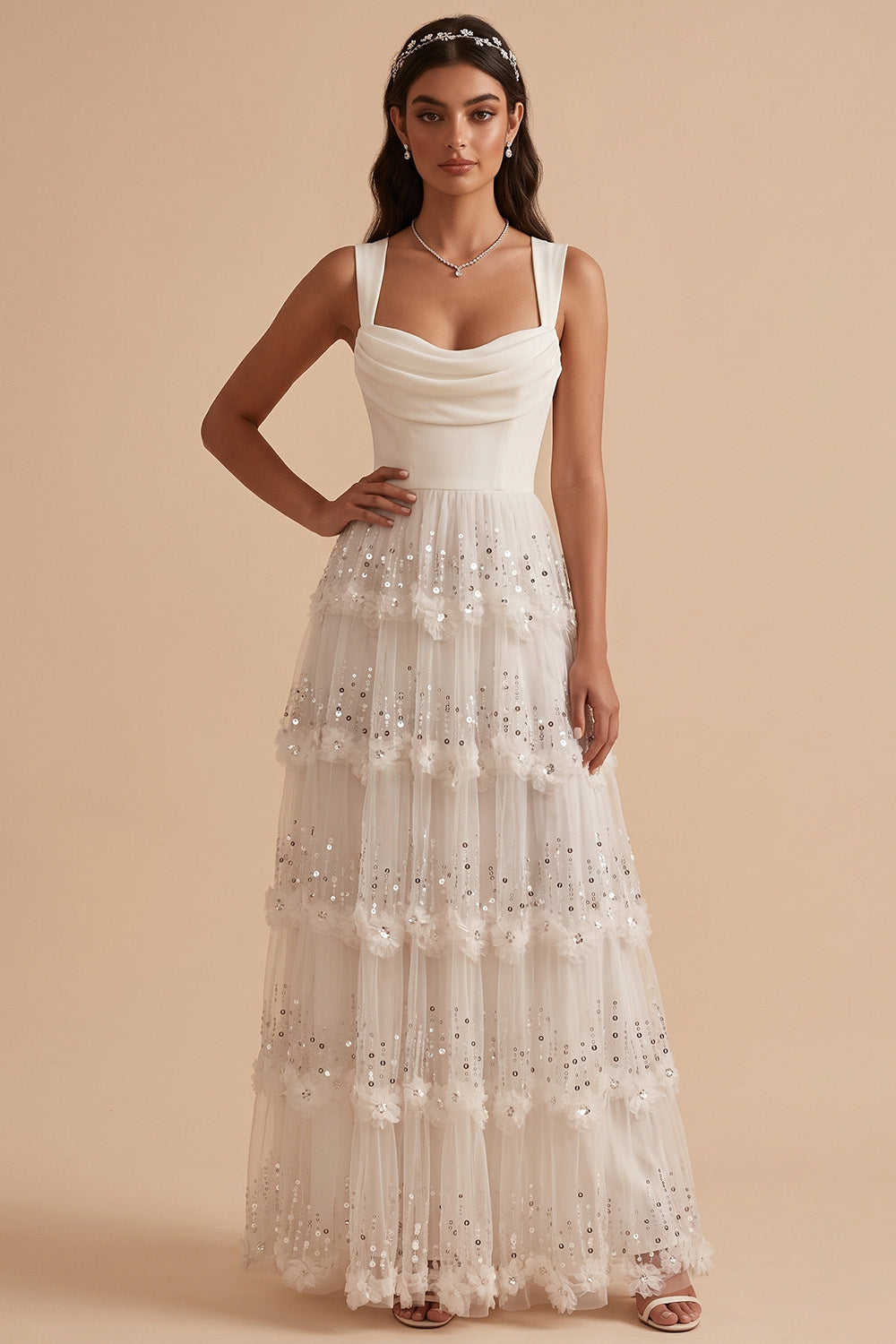 White Floral Sequin Ruffled A-Line Cowl Neck Floor-Length Wedding Dress