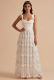 White Floral Sequin Ruffled A-Line Cowl Neck Floor-Length Wedding Dress
