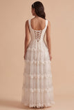 White Floral Sequin Ruffled A-Line Cowl Neck Floor-Length Wedding Dress