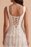 White Floral Sequin Ruffled A-Line Cowl Neck Floor-Length Wedding Dress