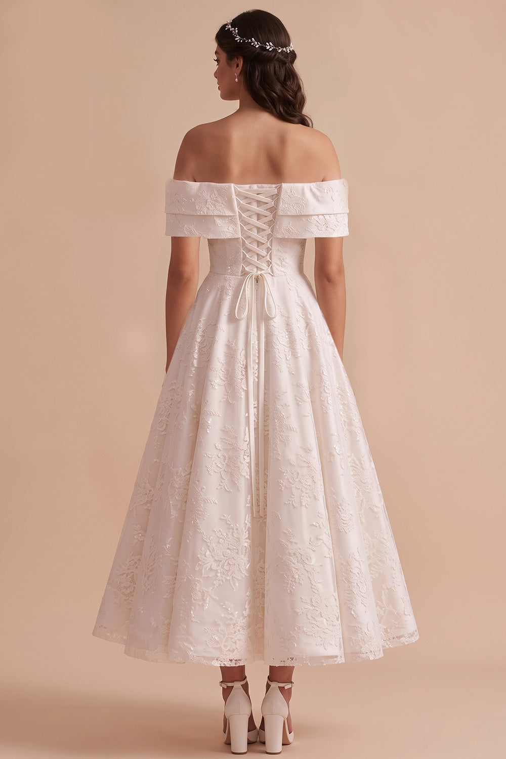 White Floral A-Line Off the Shoulder Midi Wedding Dress