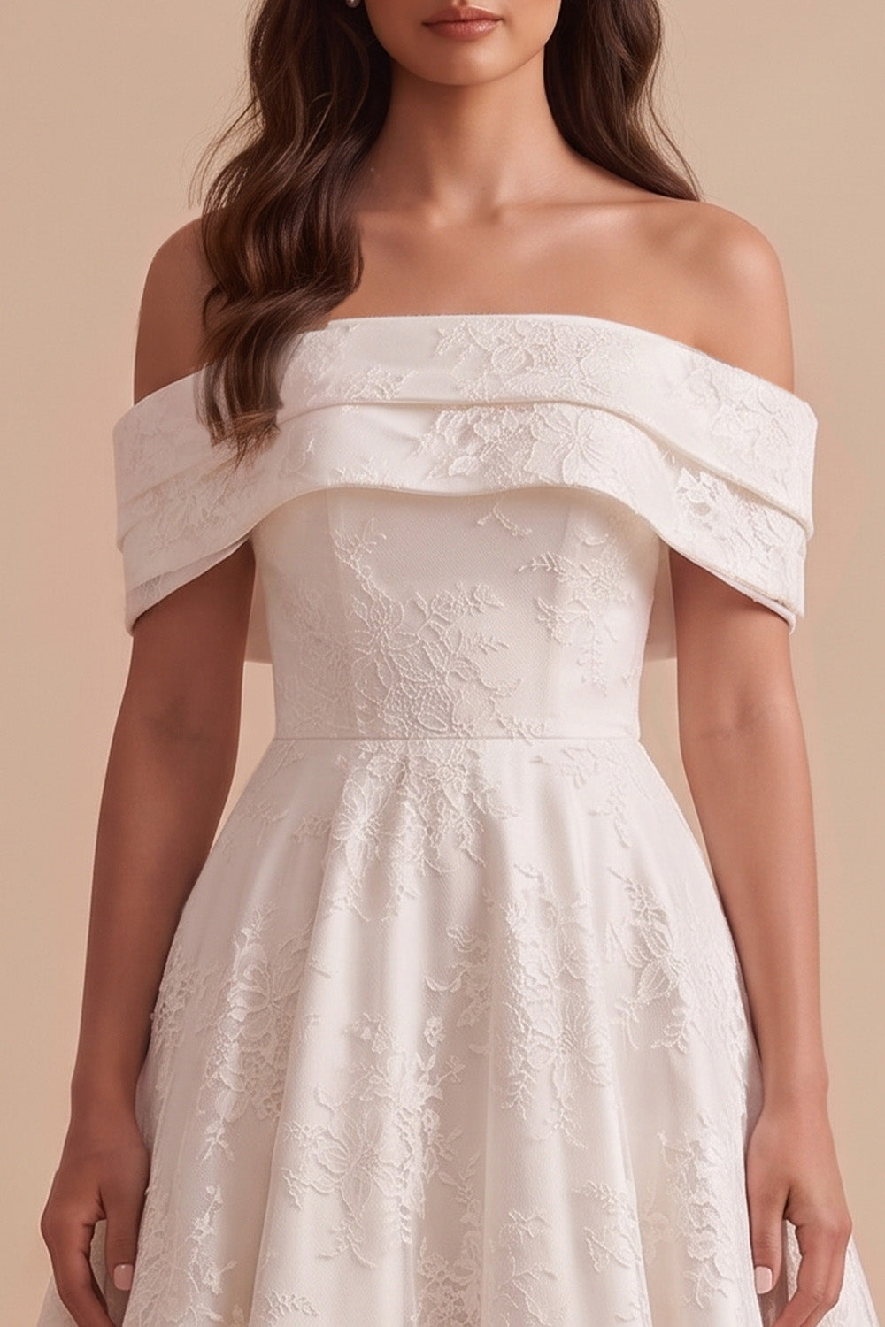 White Floral A-Line Off the Shoulder Midi Wedding Dress