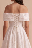 White Floral A-Line Off the Shoulder Midi Wedding Dress