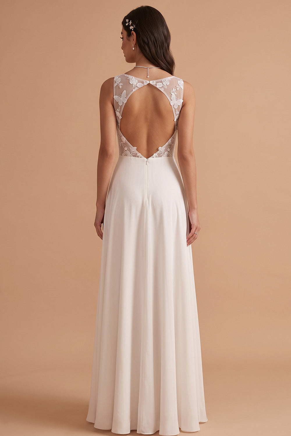 White A-Line Appliqued Keyhole Back Floor-Length Wedding Dress with Slit