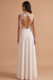 White A-Line Appliqued Keyhole Back Floor-Length Wedding Dress with Slit