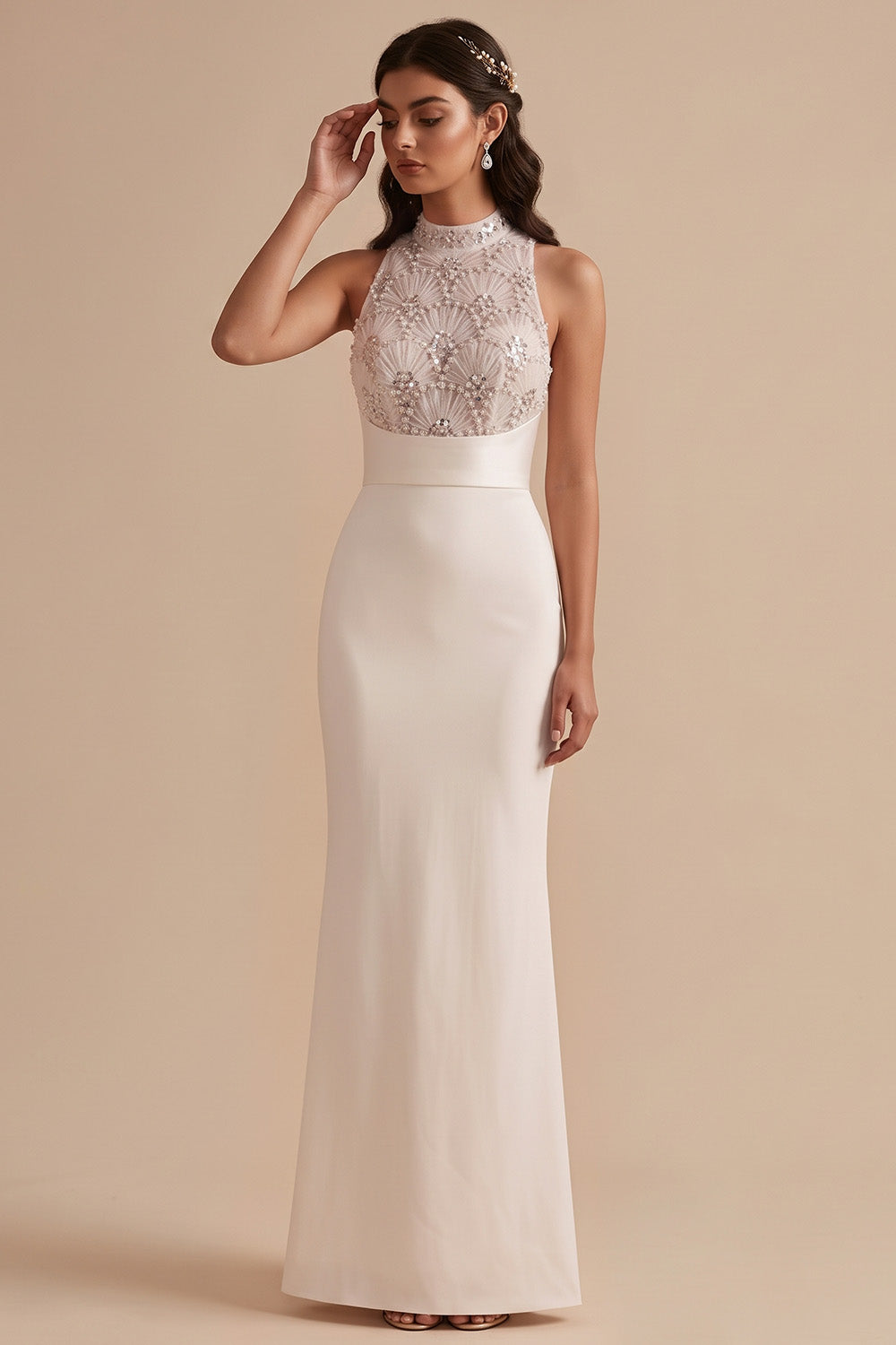 White Sheath High Neck Beaded Keyhole Back Floor-Length Wedding Dress