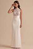 White Sheath High Neck Beaded Keyhole Back Floor-Length Wedding Dress