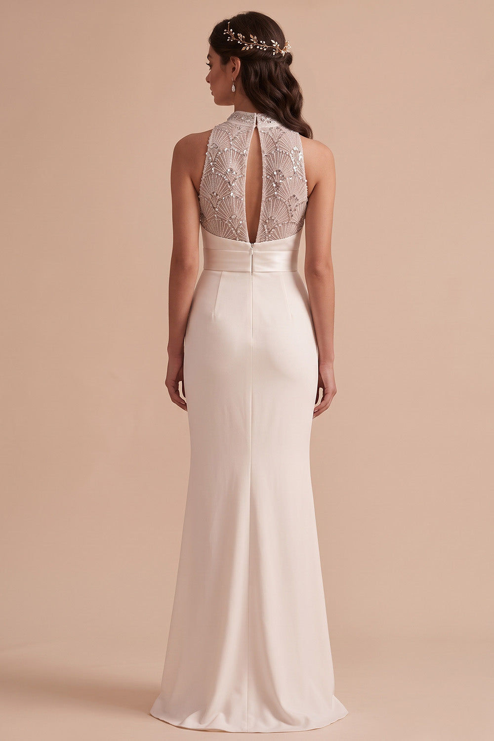 White Sheath High Neck Beaded Keyhole Back Floor-Length Wedding Dress