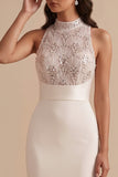 White Sheath High Neck Beaded Keyhole Back Floor-Length Wedding Dress
