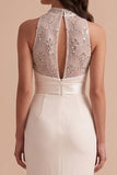 White Sheath High Neck Beaded Keyhole Back Floor-Length Wedding Dress