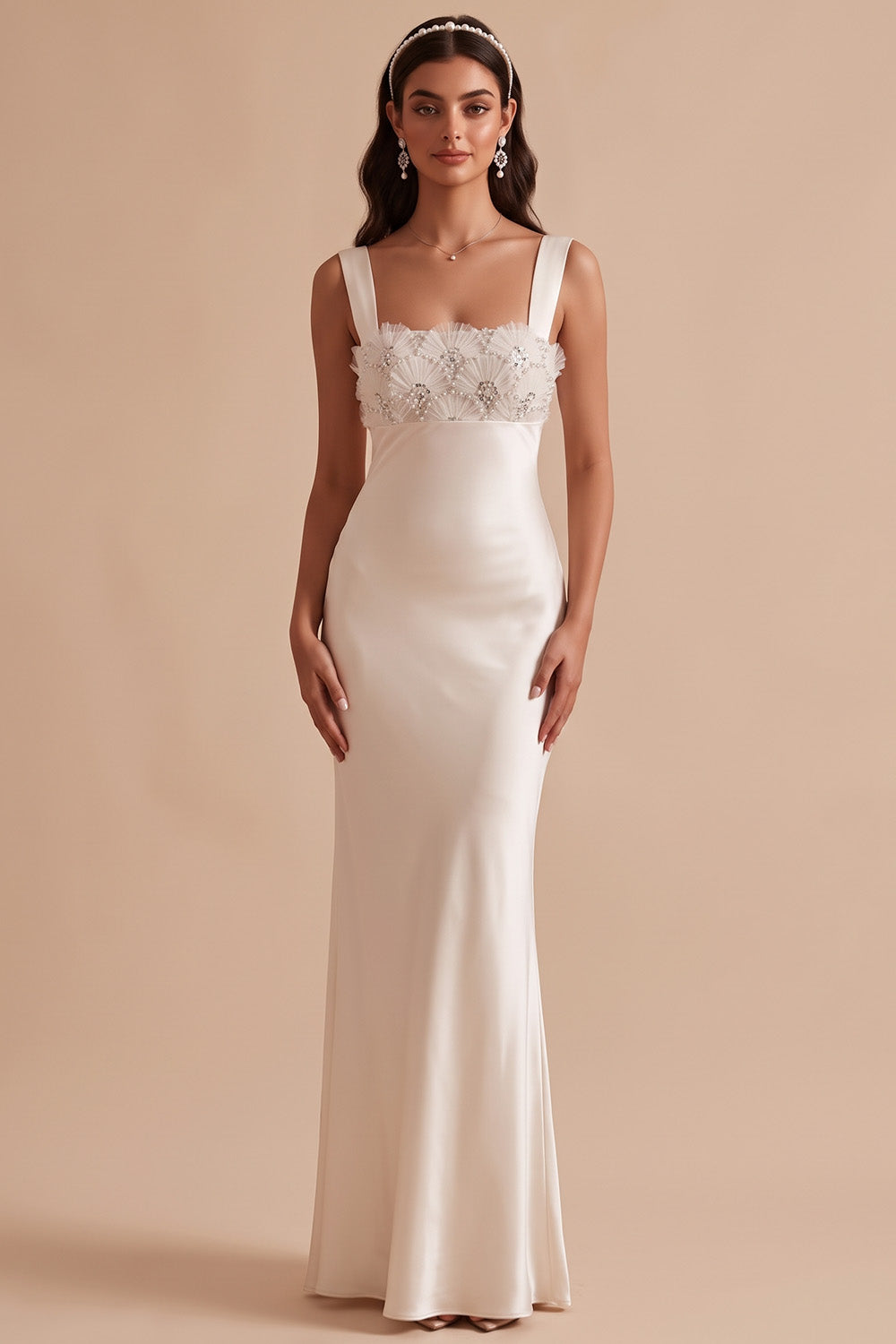 Sheath Square Neck White Satin Beaded Floor-Length Wedding Dress