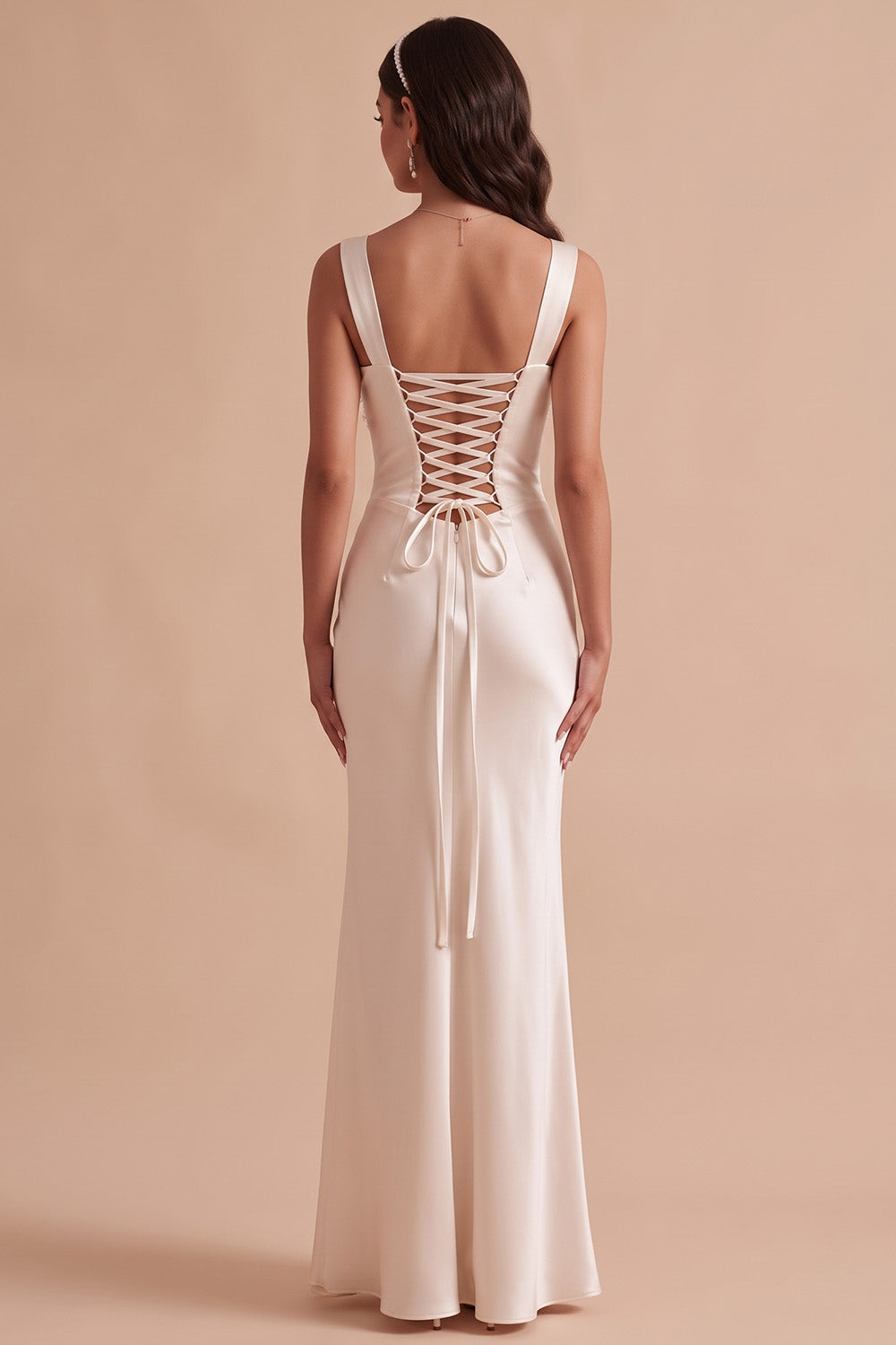 Sheath Square Neck White Satin Beaded Floor-Length Wedding Dress