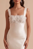 Sheath Square Neck White Satin Beaded Floor-Length Wedding Dress