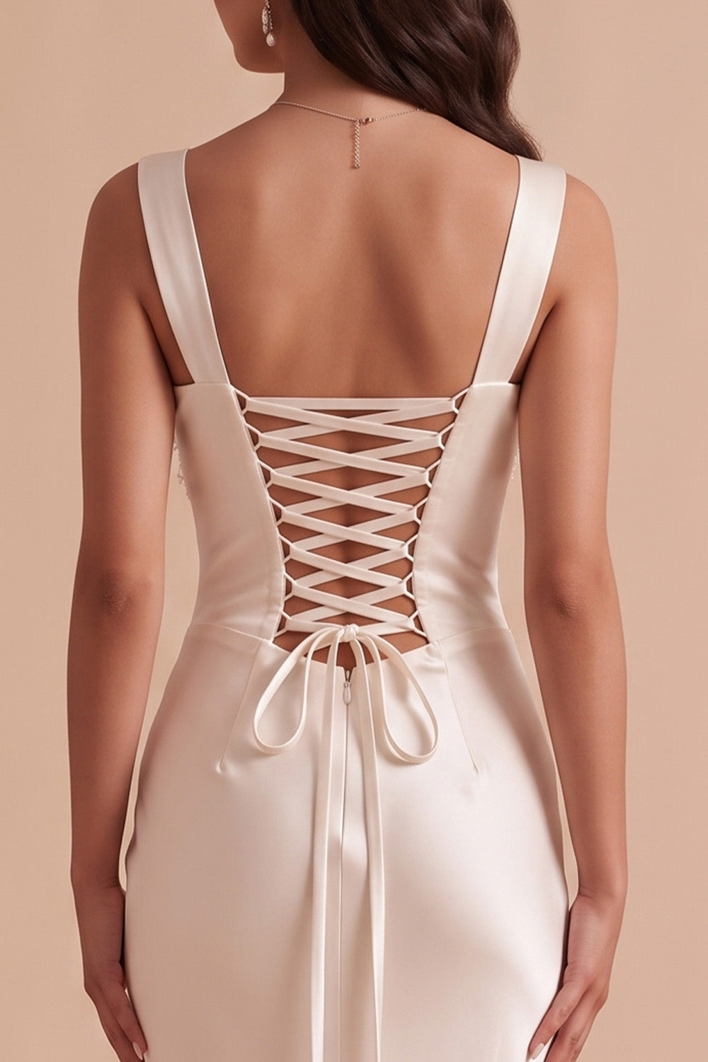 Sheath Square Neck White Satin Beaded Floor-Length Wedding Dress