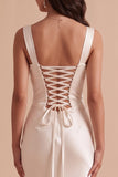 Sheath Square Neck White Satin Beaded Floor-Length Wedding Dress