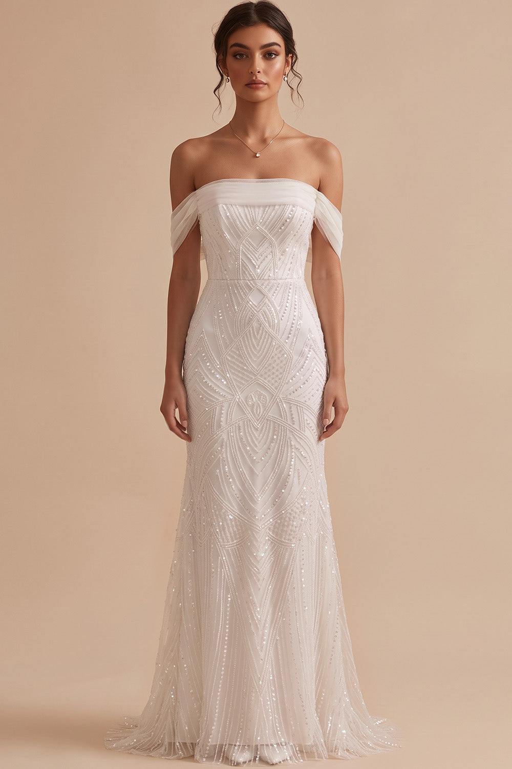 Sparkly White Mermaid Off the Shoulder Sequin Sweep Train Wedding Dress