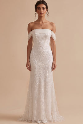 Sparkly White Mermaid Off the Shoulder Sequin Sweep Train Wedding Dress
