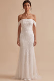 Sparkly White Mermaid Off the Shoulder Sequin Sweep Train Wedding Dress